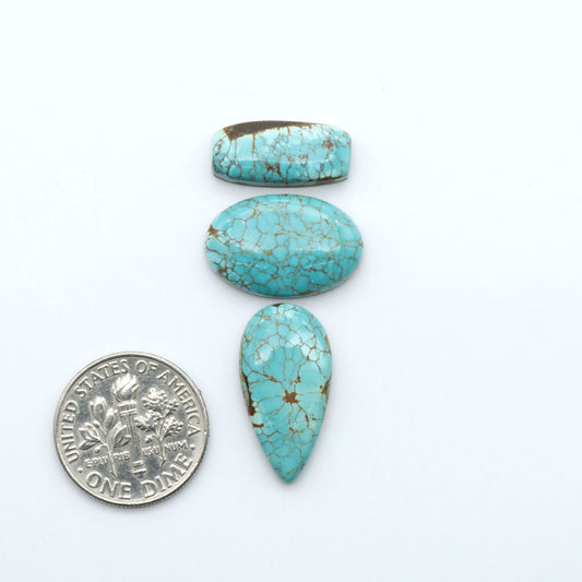 Number 8 Turquoise cabochons, blue and green color with brown matrix, polished stones on a white background, with a US dime for scale