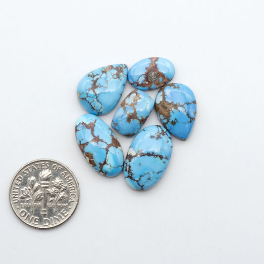Golden Hills Turquoise cabochons, icy blue to lavender tones with chocolate matrix, polished stones on a white background with a US dime for scale