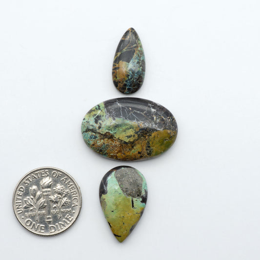 Black Jack turquoise cabochons, blue-green color with black matrix, polished stones on a white background with a US dime for scale