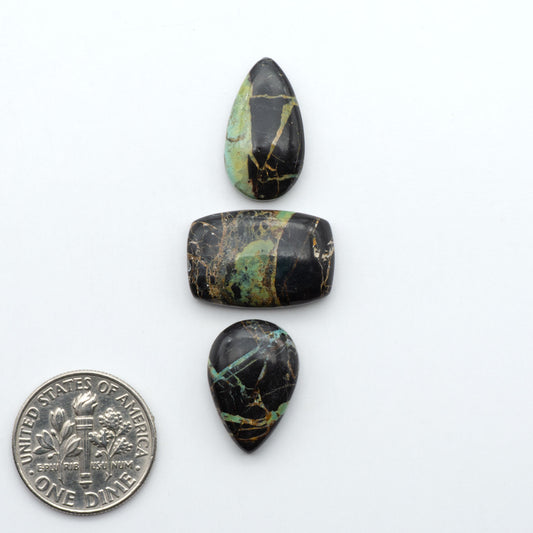 Black Jack turquoise cabochons, blue-green color with black matrix, polished stones on a white background with a US dime for scale