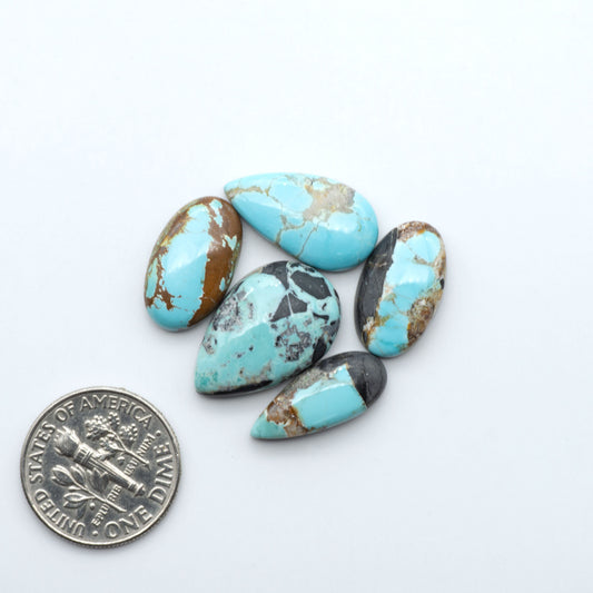 Black Jack turquoise cabochons, blue-green color with black matrix, polished stones on a white background with a US dime for scale