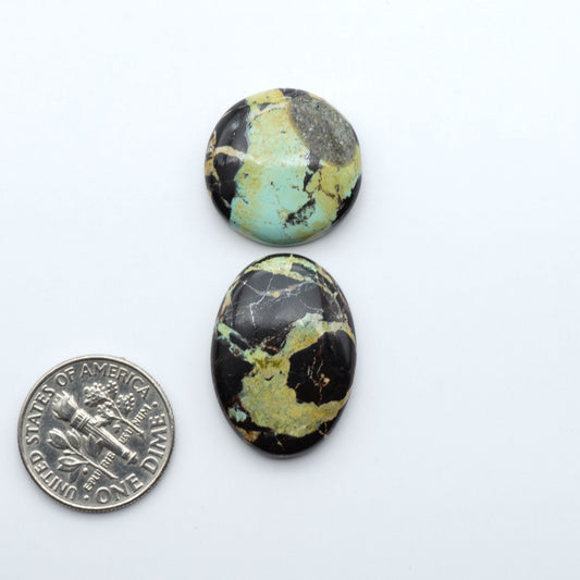 Black Jack turquoise cabochons, blue-green color with black matrix, polished stones on a white background with a US dime for scale
