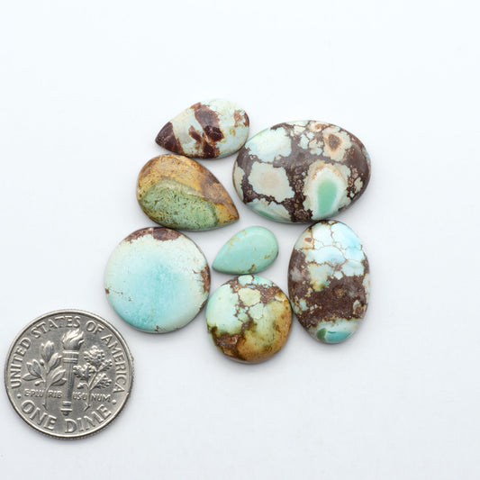 Golden Hills Turquoise cabochons, icy blue to lavender tones with chocolate matrix, polished stones on a white background with a US dime for scale