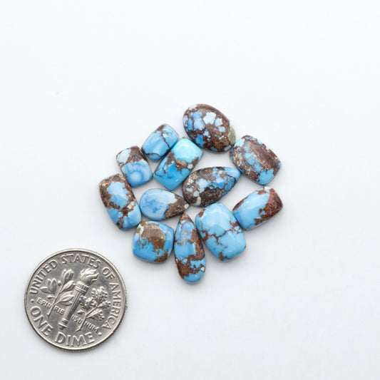 Golden Hills Turquoise cabochons, icy blue to lavender tones with chocolate matrix, polished stones on a white background with a US dime for scale