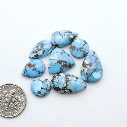Golden Hills Turquoise cabochons, icy blue to lavender tones with chocolate matrix, polished stones on a white background with a US dime for scale