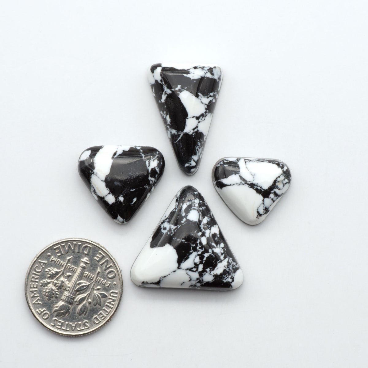 White Buffalo composite cabochons, black and white gemstones on a white background with a US dime for scale