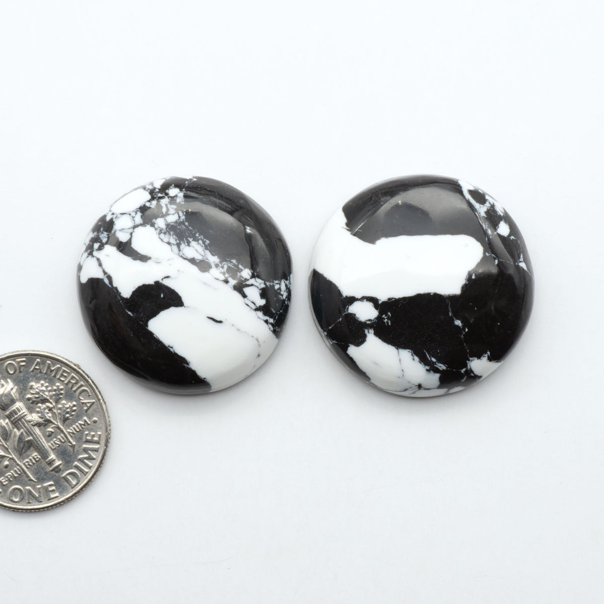 White Buffalo composite cabochons, black and white gemstones on a white background with a US dime for scale