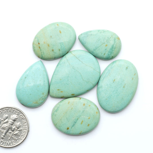 Number 8 Turquoise cabochons, blue and green color with brown matrix, polished stones on a white background, with a US dime for scale