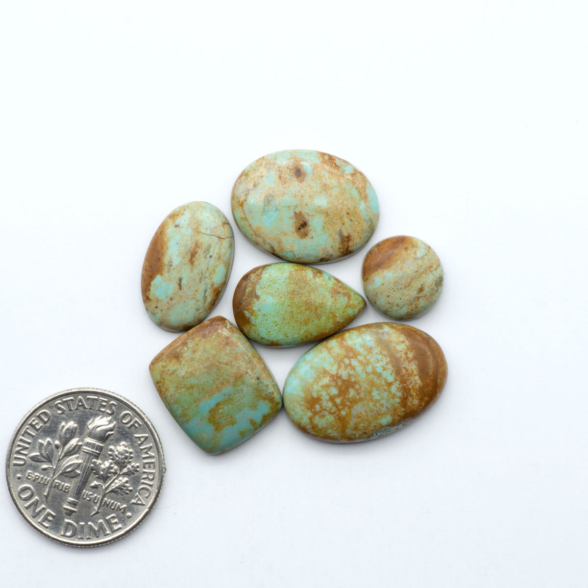 Number 8 Turquoise cabochons, blue and green color with brown matrix, polished stones on a white background, with a US dime for scale