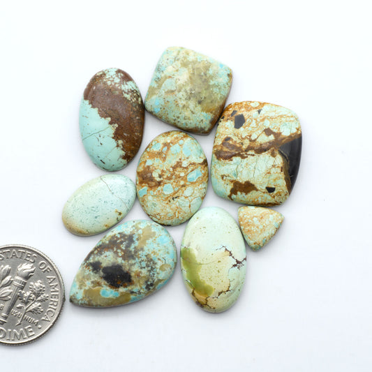Number 8 Turquoise cabochons, blue and green color with brown matrix, polished stones on a white background, with a US dime for scale
