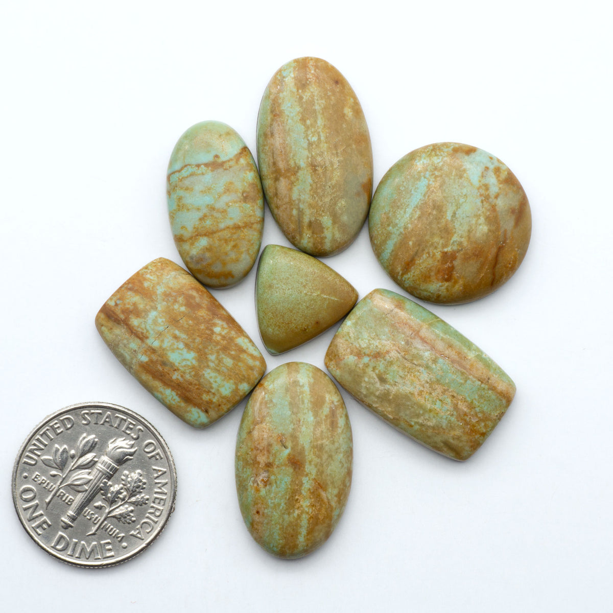 Number 8 Turquoise cabochons, blue and green color with brown matrix, polished stones on a white background, with a US dime for scale