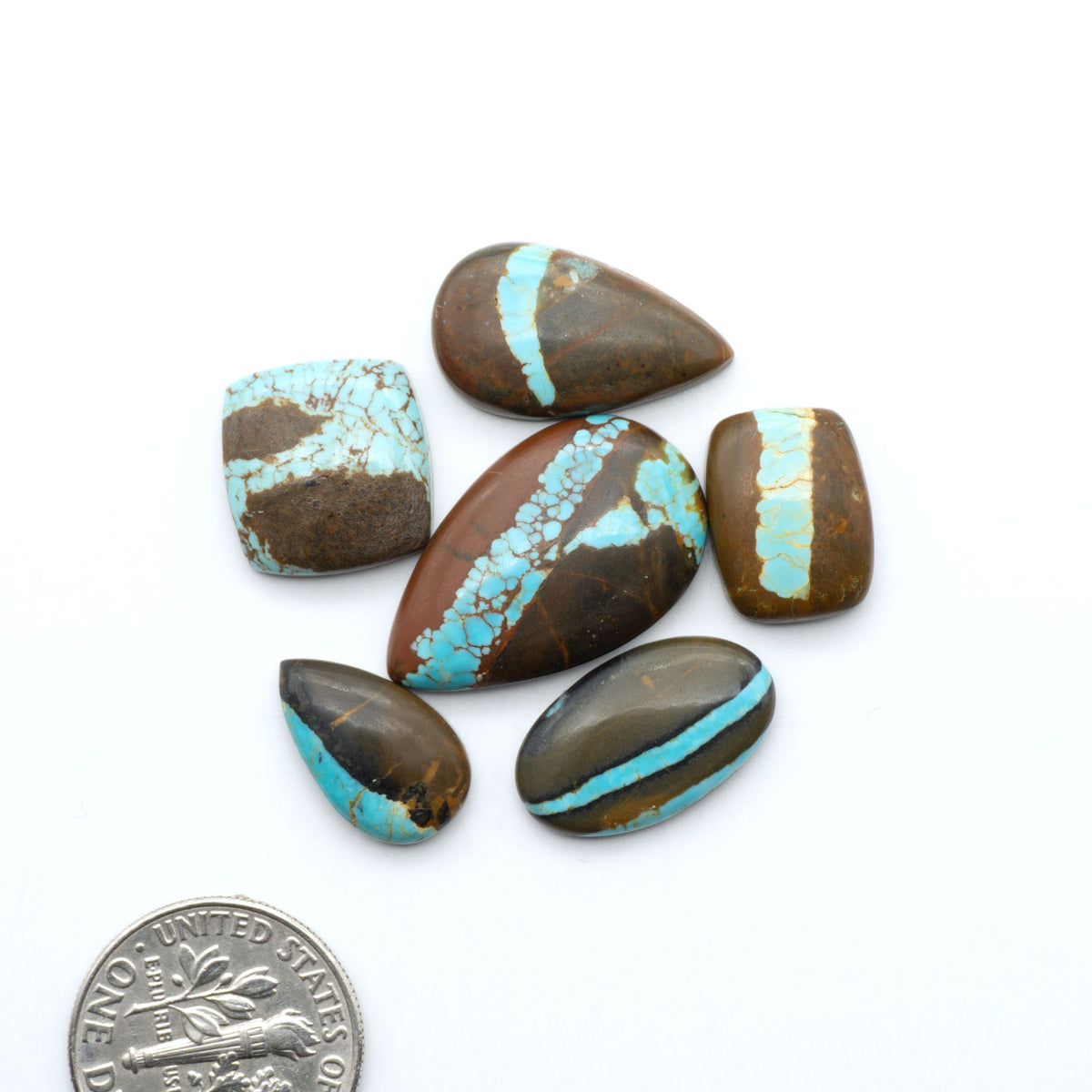 Number 8 Turquoise cabochons, blue and green color with brown matrix, polished stones on a white background, with a US dime for scale
