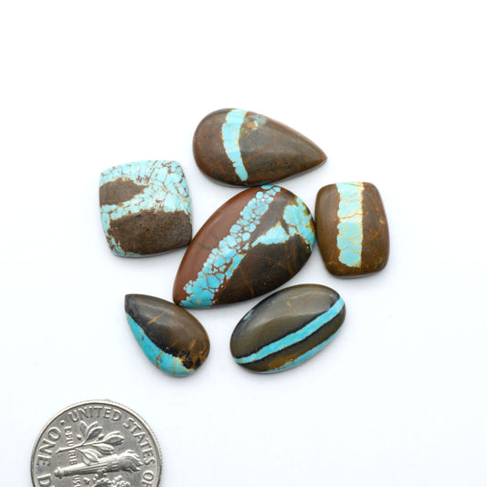 Number 8 Turquoise cabochons, blue and green color with brown matrix, polished stones on a white background, with a US dime for scale
