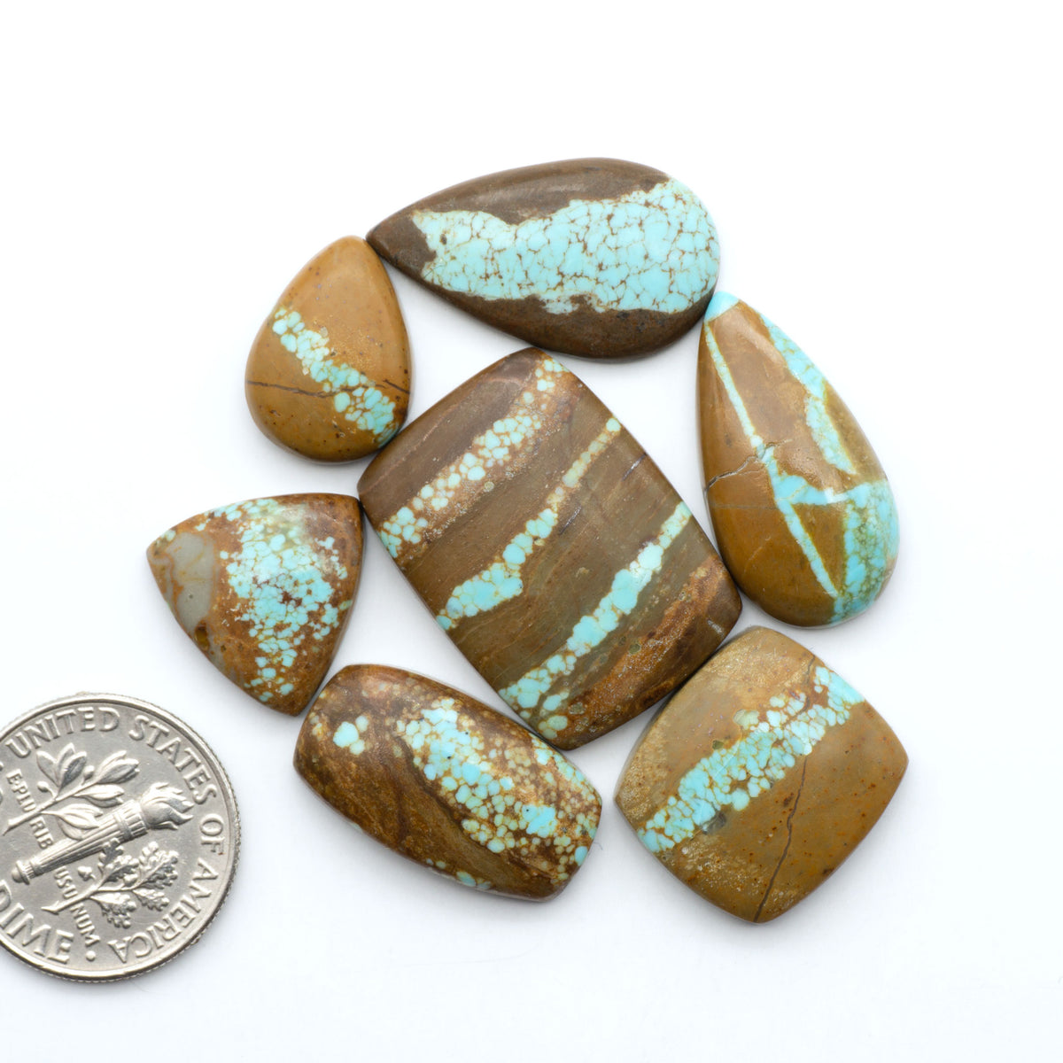 Number 8 Turquoise cabochons, blue and green color with brown matrix, polished stones on a white background, with a US dime for scale