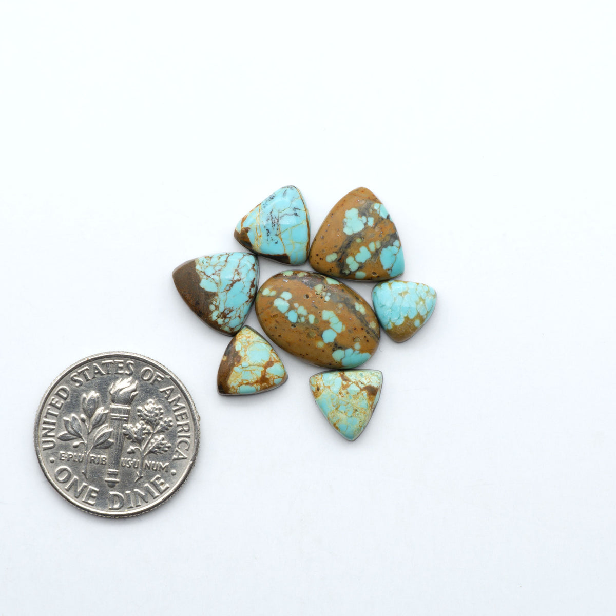 Number 8 Turquoise cabochons, blue and green color with brown matrix, polished stones on a white background, with a US dime for scale