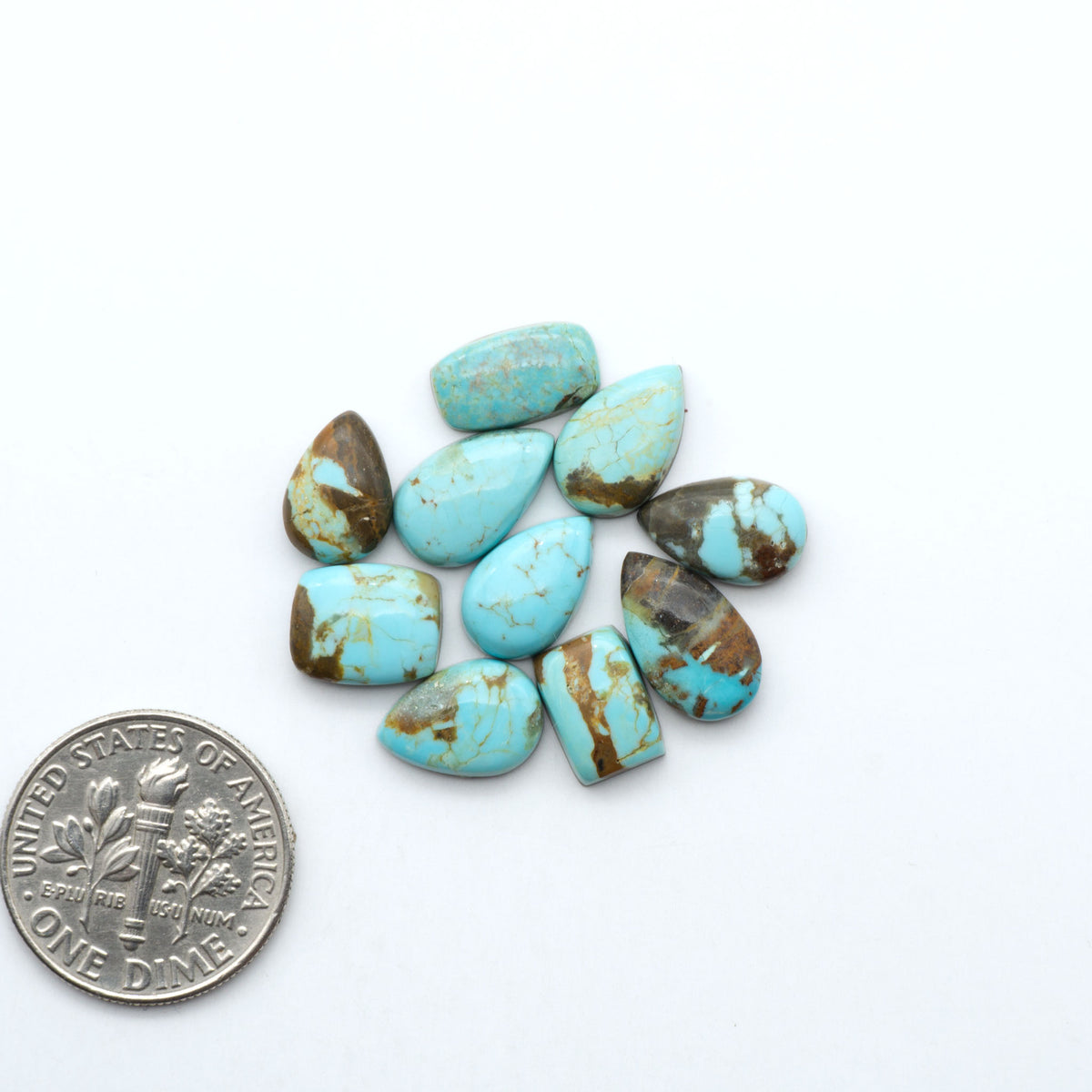 Number 8 Turquoise cabochons, blue and green color with brown matrix, polished stones on a white background, with a US dime for scale