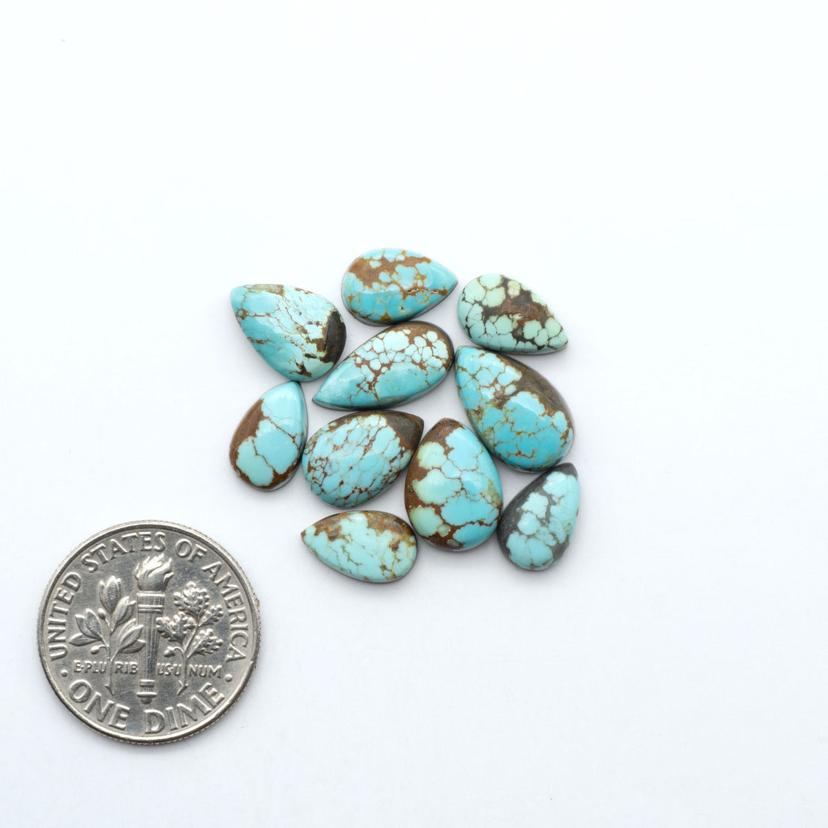 Number 8 Turquoise cabochons, blue and green color with brown matrix, polished stones on a white background, with a US dime for scale