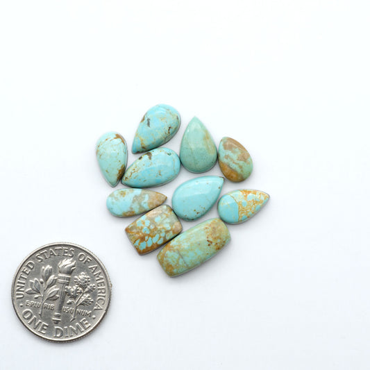 Number 8 Turquoise cabochons, blue and green color with brown matrix, polished stones on a white background, with a US dime for scale