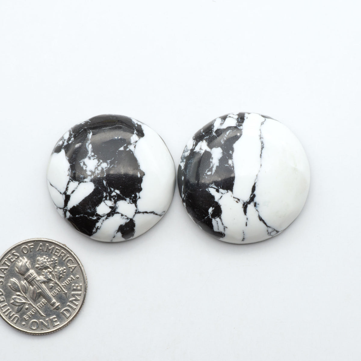 White Buffalo composite cabochons, black and white gemstones on a white background with a US dime for scale
