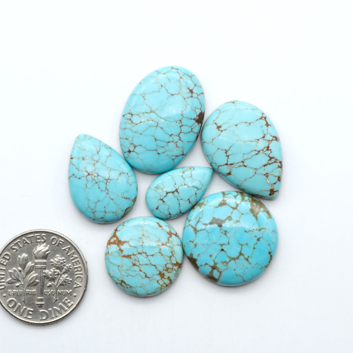 Number 8 Turquoise cabochons, blue and green color with brown matrix, polished stones on a white background, with a US dime for scale