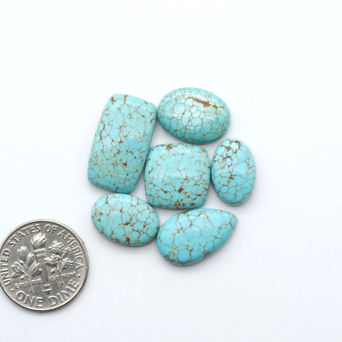 Number 8 Turquoise cabochons, blue and green color with brown matrix, polished stones on a white background, with a US dime for scale