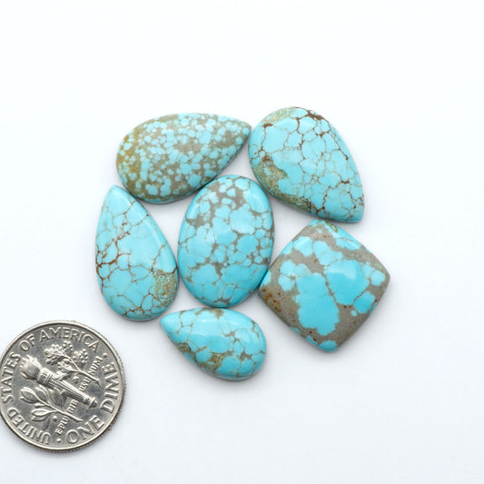 Number 8 Turquoise cabochons, blue and green color with brown matrix, polished stones on a white background, with a US dime for scale