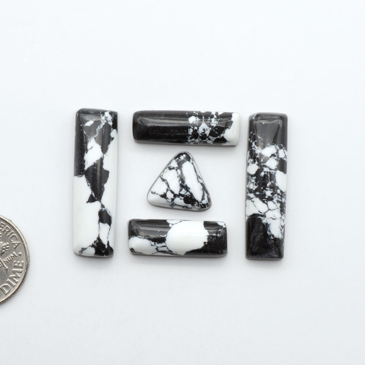 White Buffalo composite cabochons, black and white gemstones on a white background with a US dime for scale