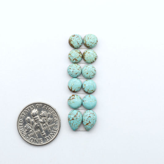 Number 8 Turquoise cabochons, blue and green color with brown matrix, polished stones on a white background, with a US dime for scale