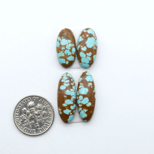 Number 8 Turquoise cabochons, blue and green color with brown matrix, polished stones on a white background, with a US dime for scale
