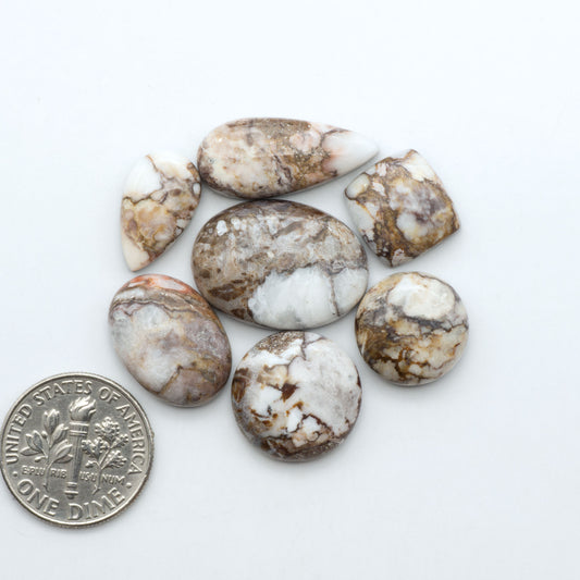 Wild Horse Magnesite cabochons, white gemstones with brown matrix on a white background, with a US dime for scale