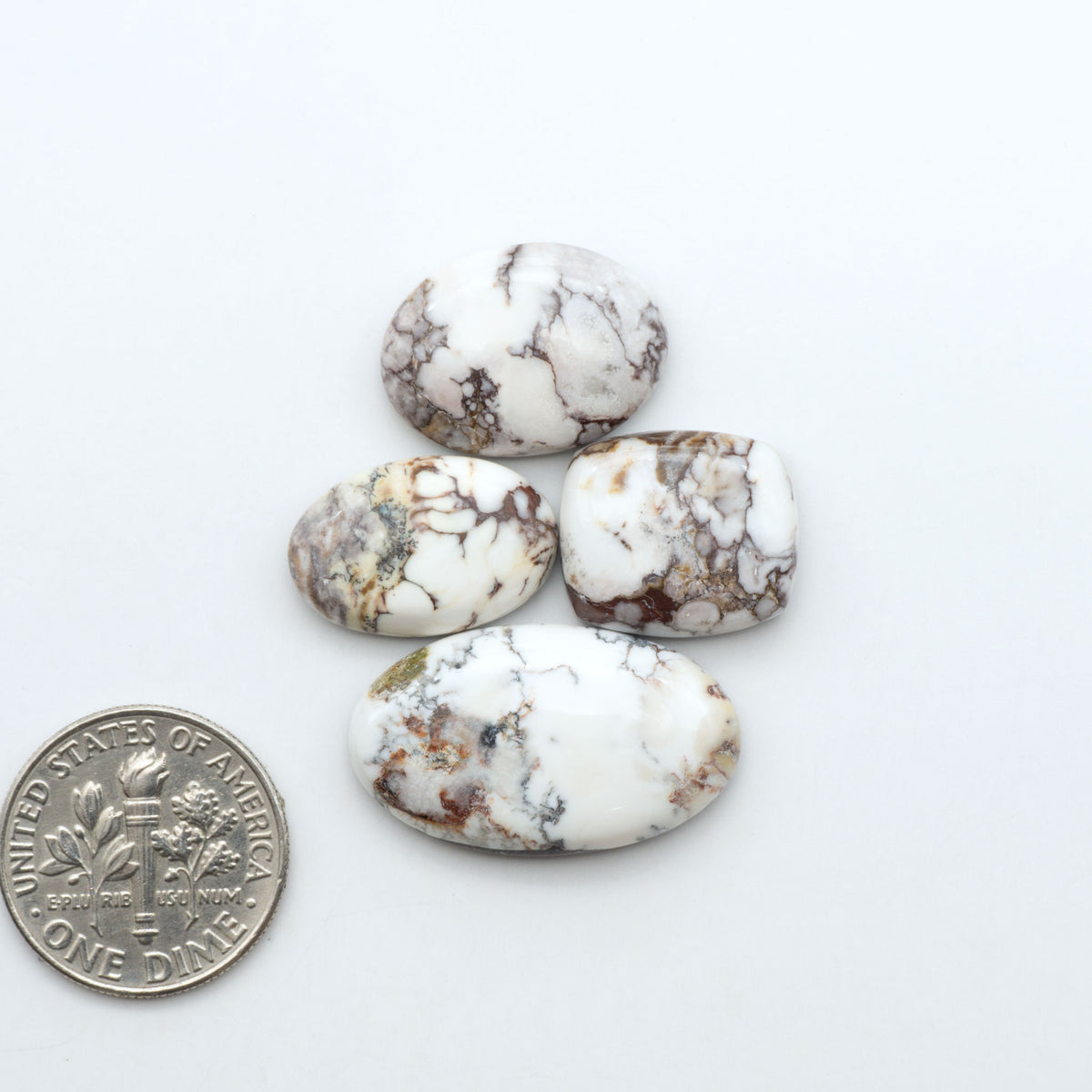 Wild Horse Magnesite cabochons, white gemstones with brown matrix on a white background, with a US dime for scale