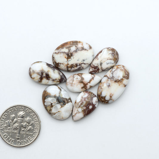 Wild Horse Magnesite cabochons, white gemstones with brown matrix on a white background, with a US dime for scale