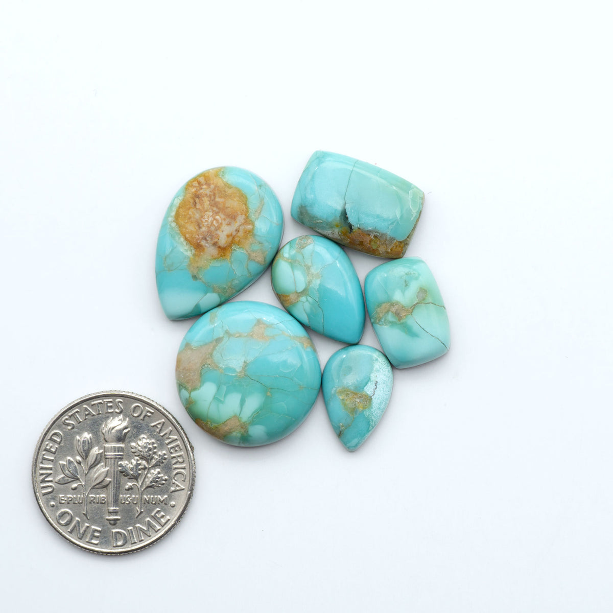 Pilot Mountain Turquoise cabochons, blue-green gemstones with natural matrix on a white background with a US dime for scale