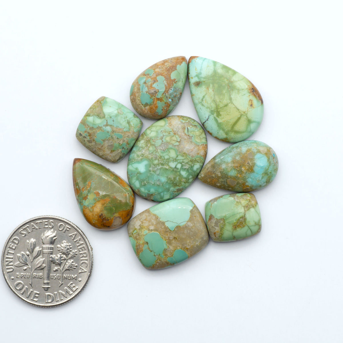 Pilot Mountain Turquoise cabochons, blue-green gemstones with natural matrix on a white background with a US dime for scale