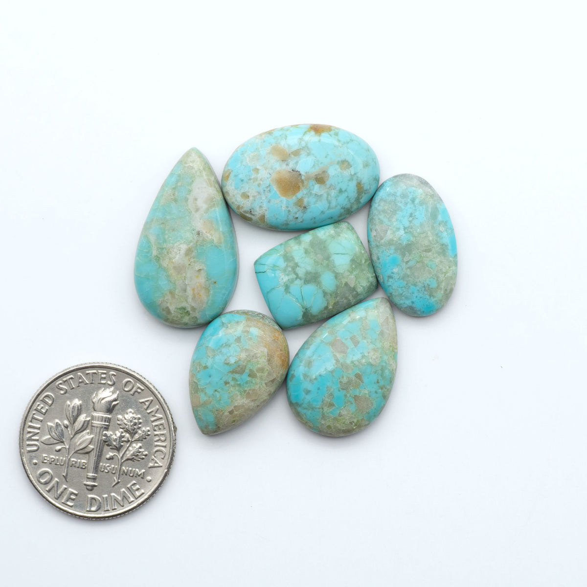 Pilot Mountain Turquoise cabochons, blue-green gemstones with natural matrix on a white background with a US dime for scale