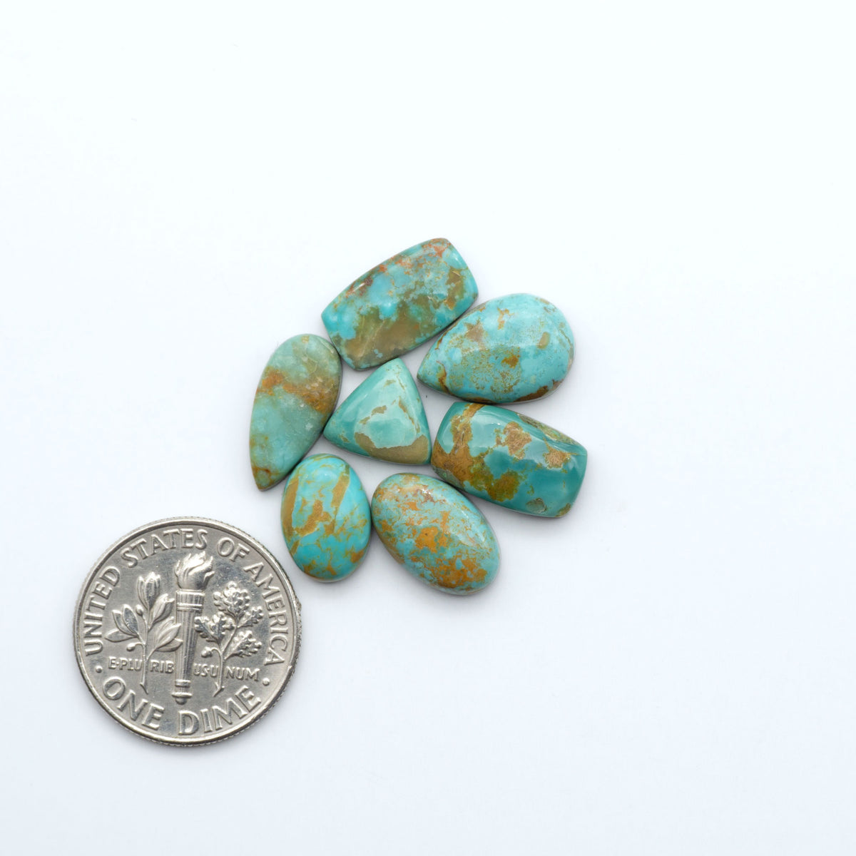 Kings Manassa Turquoise cabochons, polished green-blue gemstones with natural matrix on a white background with a US dime for scale