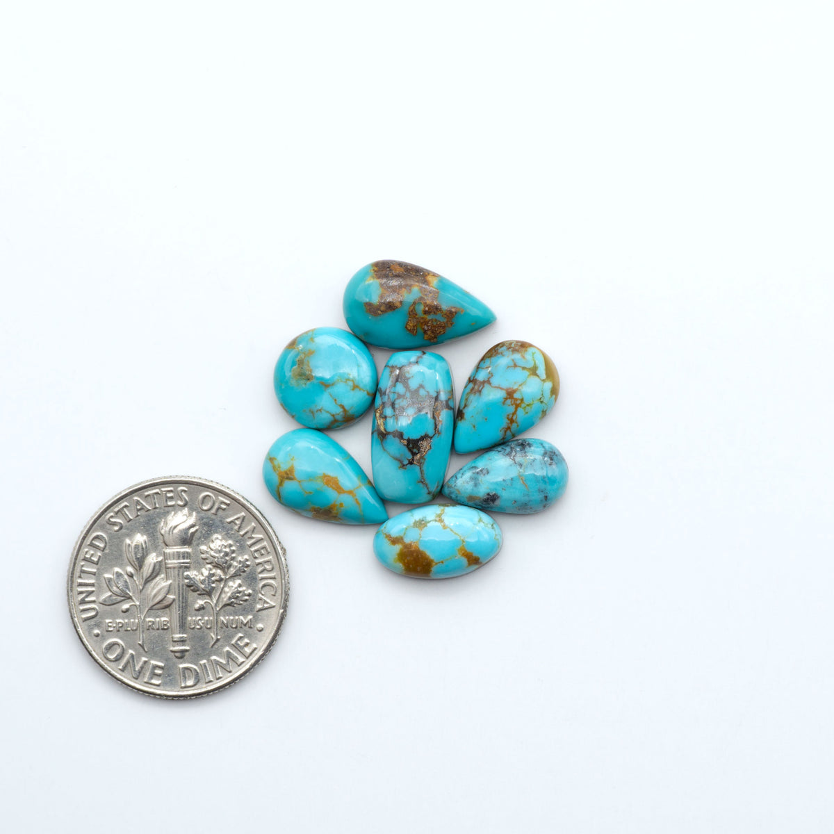 Kings Manassa Turquoise cabochons, polished green-blue gemstones with natural matrix on a white background with a US dime for scale