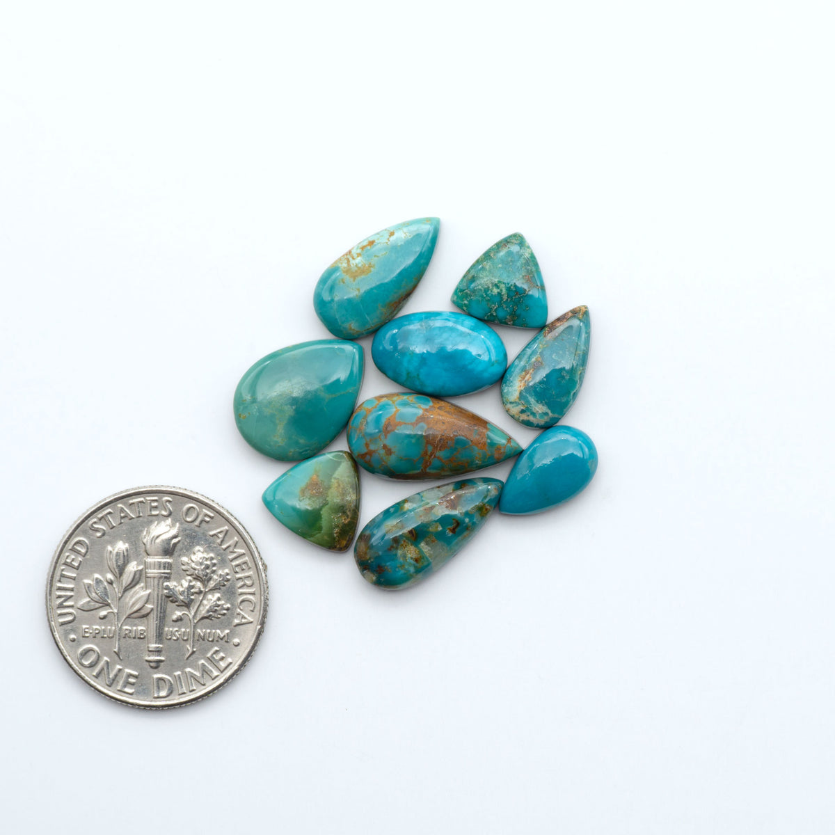 Kings Manassa Turquoise cabochons, polished green-blue gemstones with natural matrix on a white background with a US dime for scale