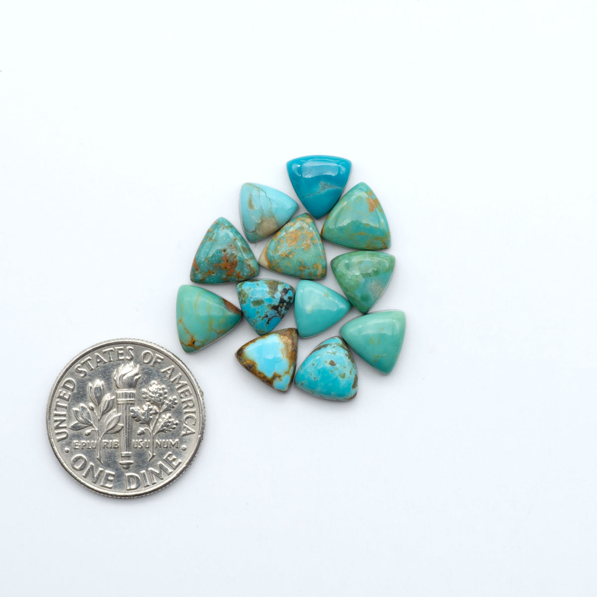 Kings Manassa Turquoise cabochons, polished green-blue gemstones with natural matrix on a white background with a US dime for scale
