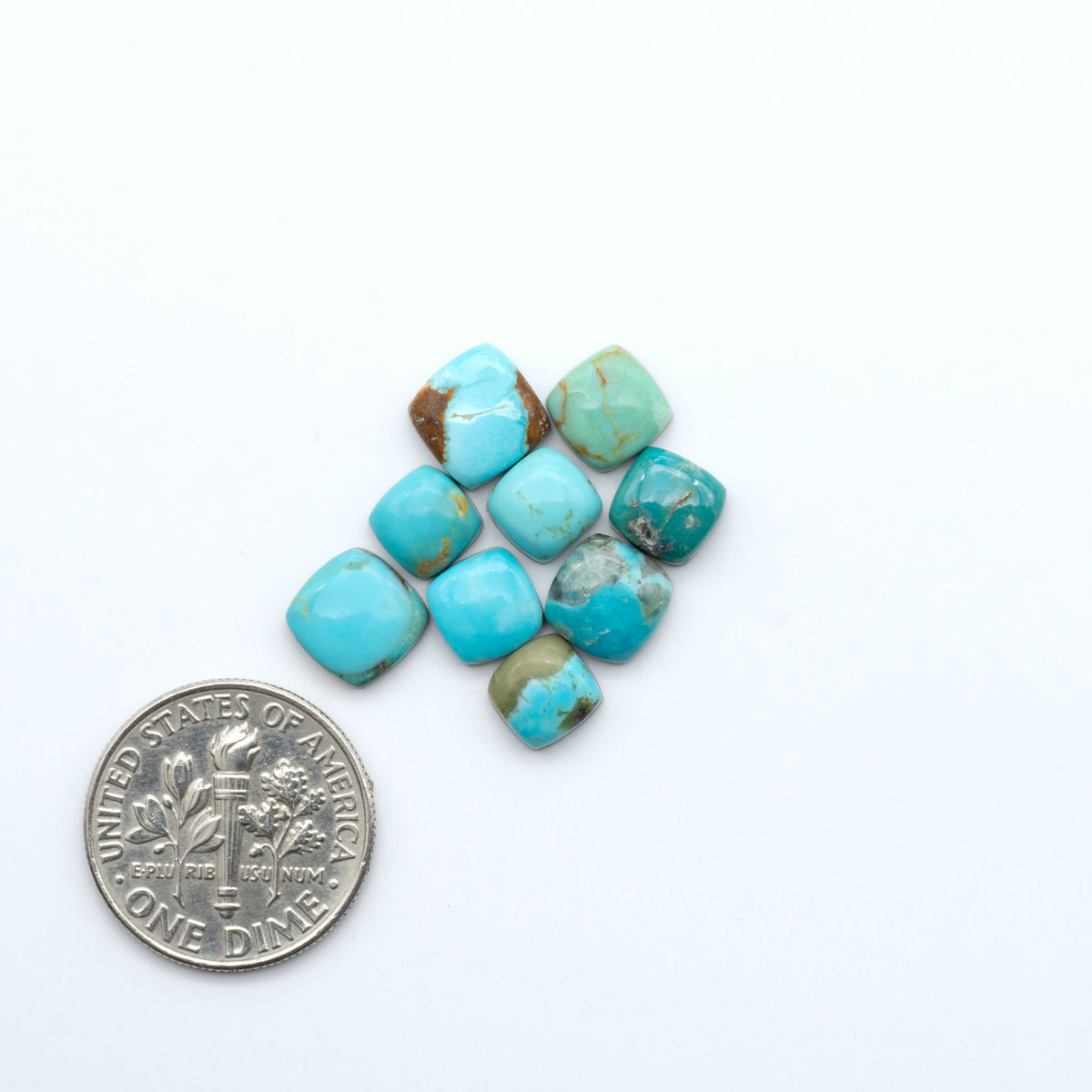 Kings Manassa Turquoise cabochons, polished green-blue gemstones with natural matrix on a white background with a US dime for scale