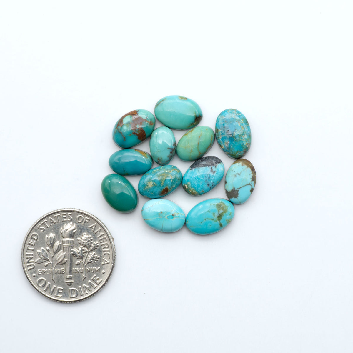 Kings Manassa Turquoise cabochons, polished green-blue gemstones with natural matrix on a white background with a US dime for scale