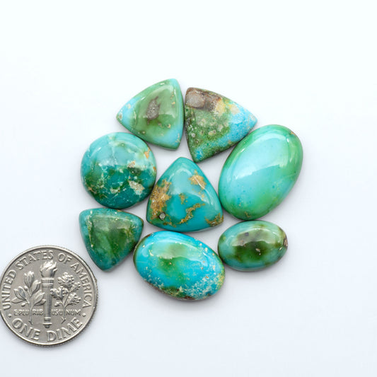Sonoran Mountain Turquoise cabochons, blue-green color with natural matrix, polished stones on a white background, with a US dime for scale