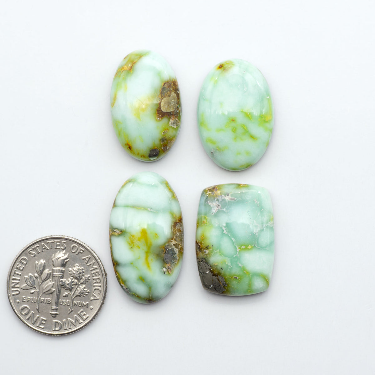 Palomino Variscite cabochons, polished yellow-green gemstones with natural matrix on a white background with a US dime for scale