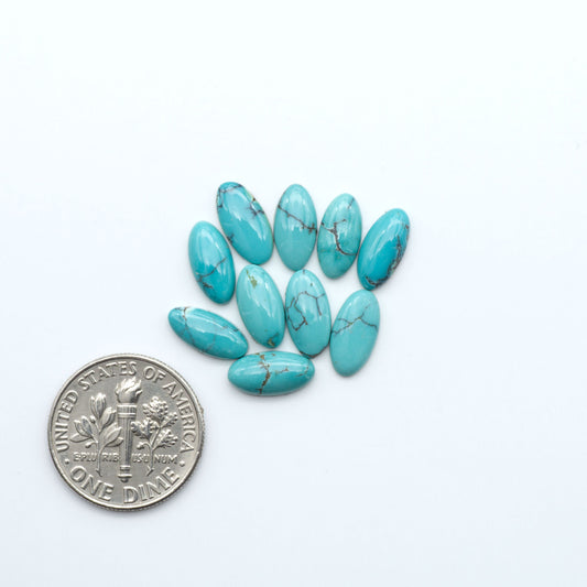 Hubei Cloud Mountain Turquoise cabochons, blue and green color with black matrix, polished stones on a white background, with a US dime for scale