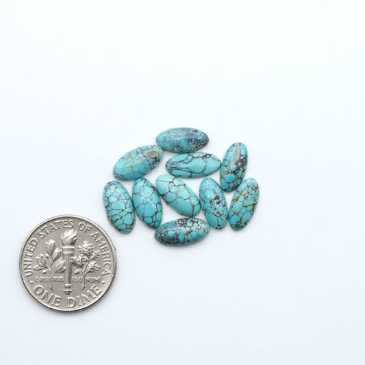 Hubei Cloud Mountain Turquoise cabochons, blue and green color with black matrix, polished stones on a white background, with a US dime for scale
