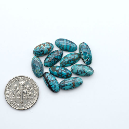 Hubei Cloud Mountain Turquoise cabochons, blue and green color with black matrix, polished stones on a white background, with a US dime for scale