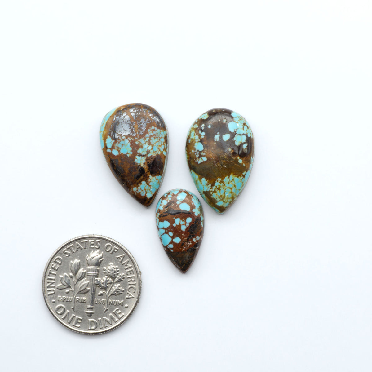 Number 8 Turquoise cabochons, blue and green color with brown matrix, polished stones on a white background, with a US dime for scale