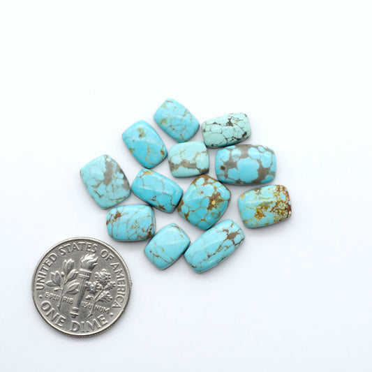 Number 8 Turquoise cabochons, blue and green color with brown matrix, polished stones on a white background, with a US dime for scale