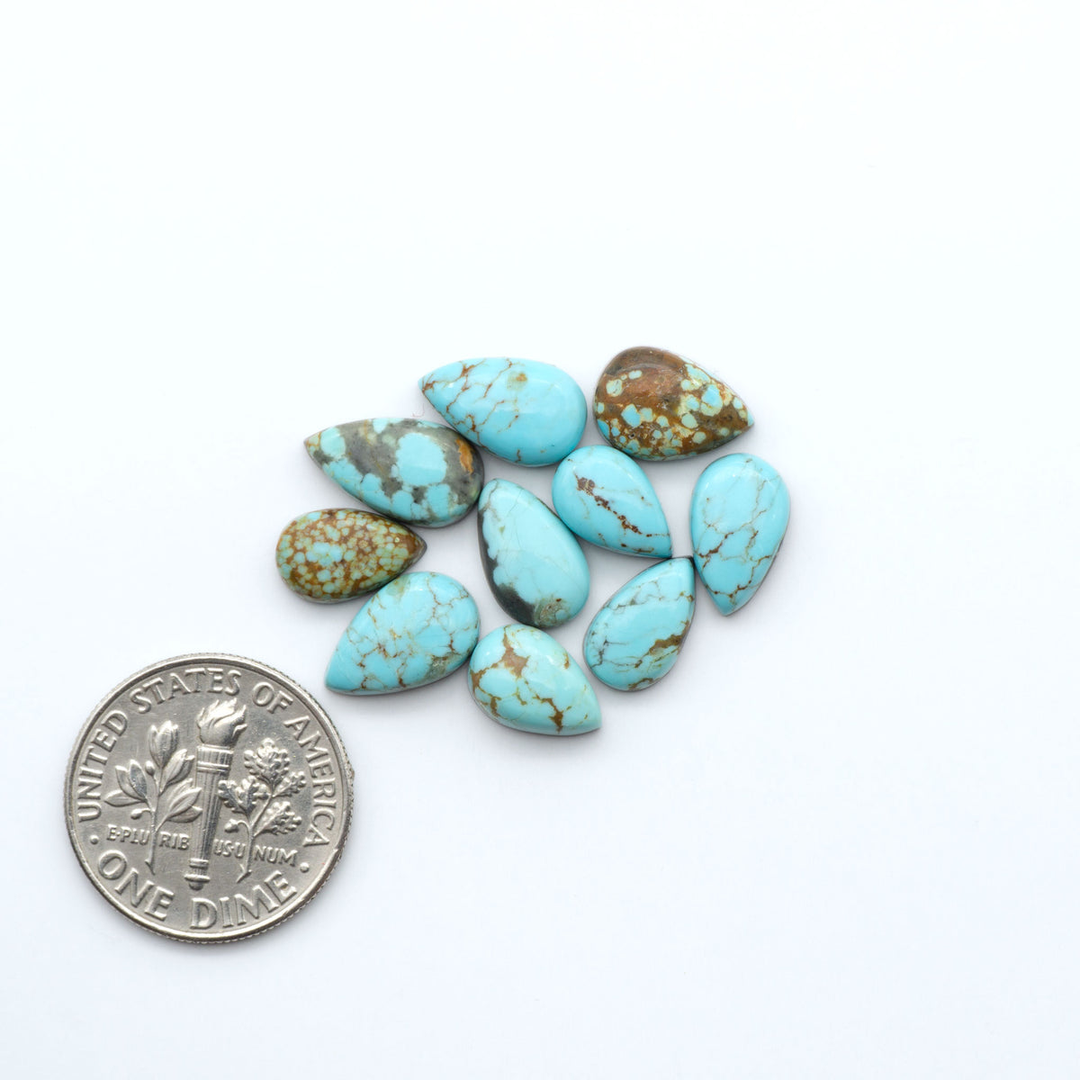 Number 8 Turquoise cabochons, blue and green color with brown matrix, polished stones on a white background, with a US dime for scale