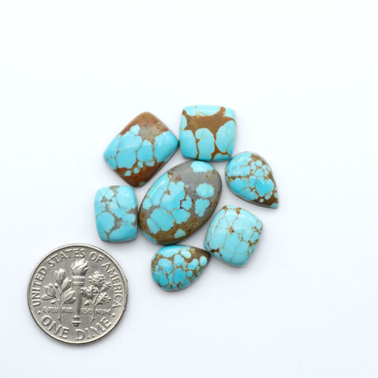 Number 8 Turquoise cabochons, blue and green color with brown matrix, polished stones on a white background, with a US dime for scale
